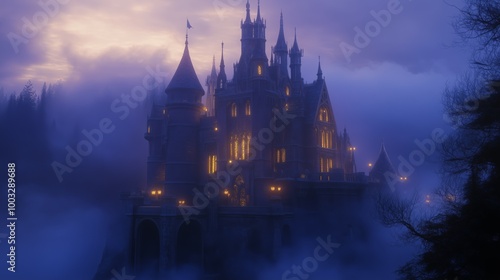Wallpaper Mural Enchanted castle glowing lights swirling mist fairy-tale atmosphere intricate architecture magical essence. AI generated Torontodigital.ca