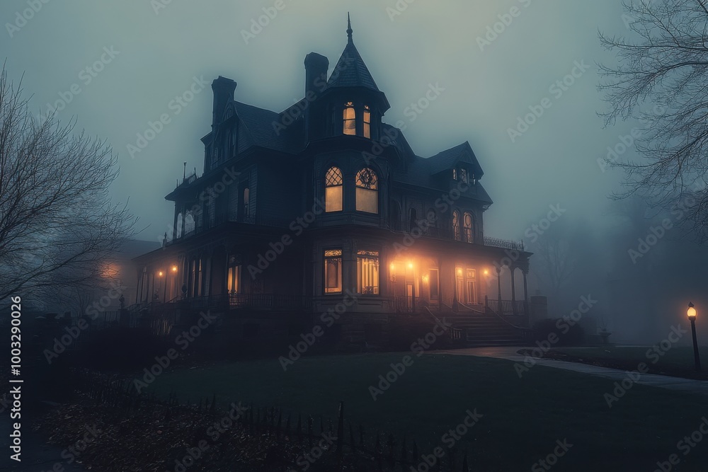 Haunted Victorian mansion at night, with copy space Haunted Victorian mansion at night, with copy space
