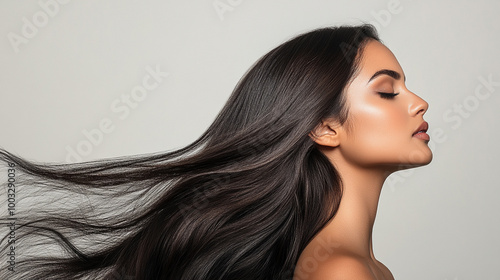 Portrait of a beautiful young Indian woman with long shiny straight black hair on grey background. Salon Spa Cosmetic Concept
