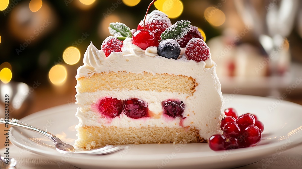 A slice of delicious, layered cake topped with fresh berries and whipped cream. A slice of delicious, layered cake topped with fresh berries and whipped cream.