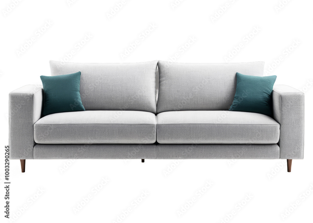 A large gray couch with blue pillows on it A large gray couch with blue pillows on it