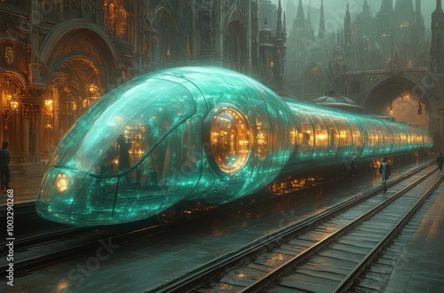 A futuristic teal train arrives at an old European railway platform amidst gothic architecture and fantasy elements photo