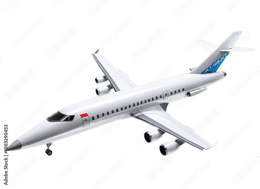 Obraz premium A large white airplane with blue accents is flying in the sky