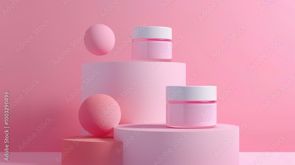 Two Pink Cream Jars on Pink Cylindrical Platforms with Pink Spheres Two Pink Cream Jars on Pink Cylindrical Platforms with Pink Spheres