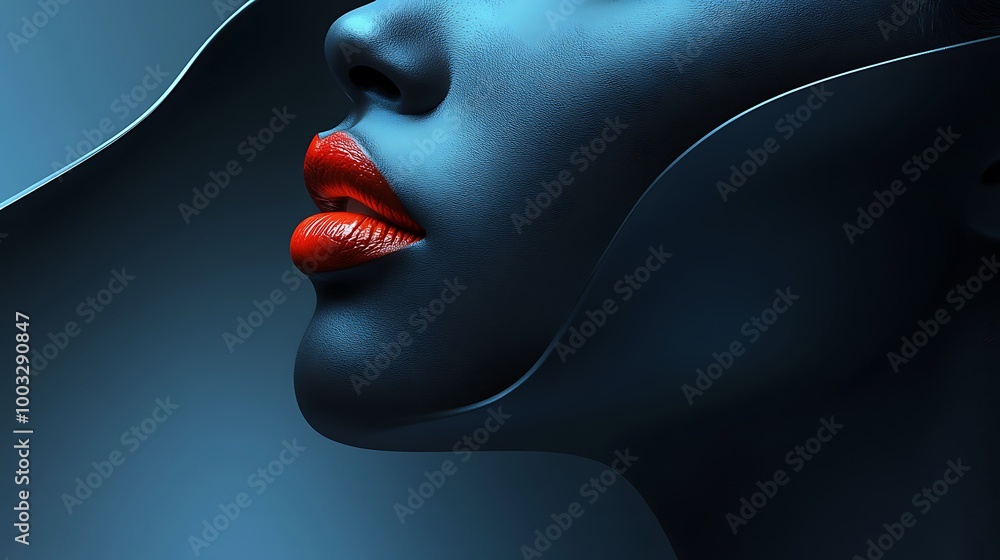 Obraz premium Closeup portrait of a woman with red lipstick and blue skin in abstract background
