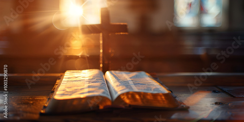 Close up of a holy bible and Christian cross on wooden table Happy good Friday or religion concept old book with cross.