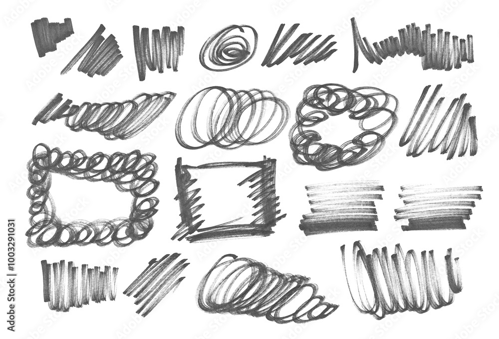 Scribbles and geometric shapes, hand draw black felt tip pen, isolated on white Scribbles and geometric shapes, hand draw black felt tip pen, isolated on white