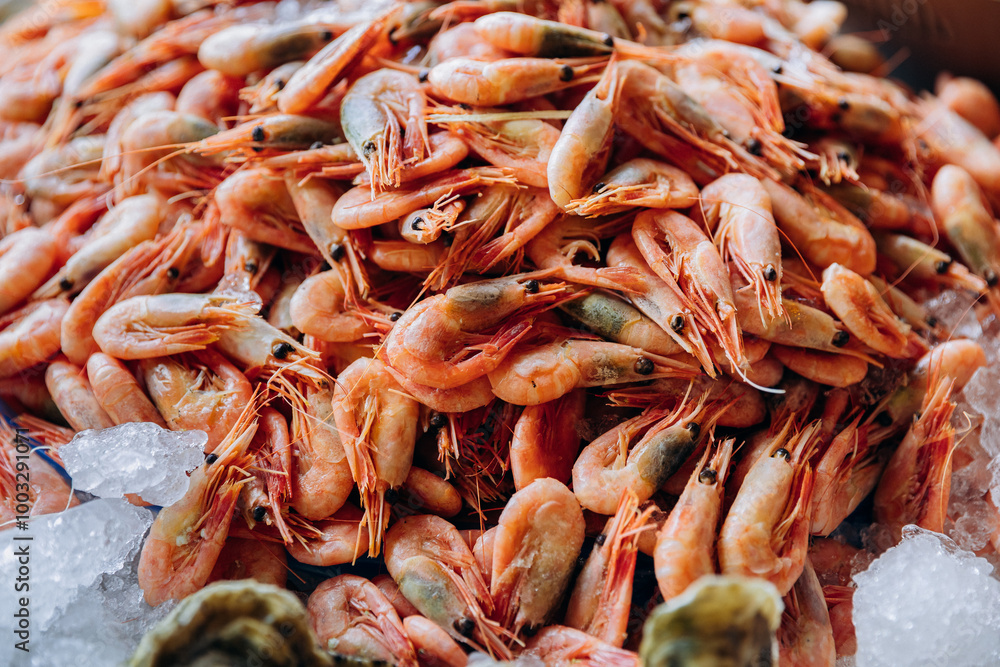 Fresh shrimp on ice, perfect for seafood markets, food photography, or culinary presentation Fresh shrimp on ice, perfect for seafood markets, food photography, or culinary presentation