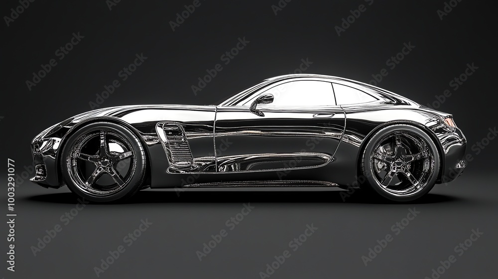 Side view of a sleek, chrome sports car on a black background. Side view of a sleek, chrome sports car on a black background.