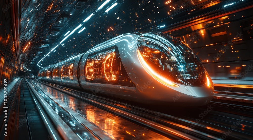 Futuristic high-speed rail cars glide through a glowing tunnel towards an advanced space station Futuristic high-speed rail cars glide through a glowing tunnel towards an advanced space station