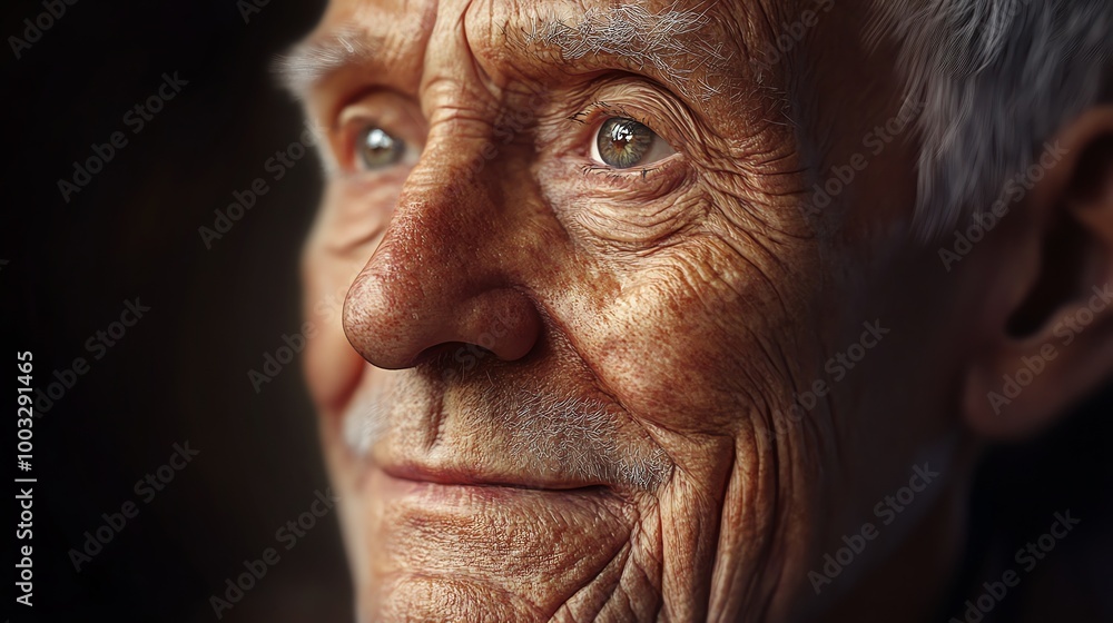 Closeup of a senior man's face, showing wrinkles and lines, looking off to the side with a soft smile. Closeup of a senior man's face, showing wrinkles and lines, looking off to the side with a soft smile.