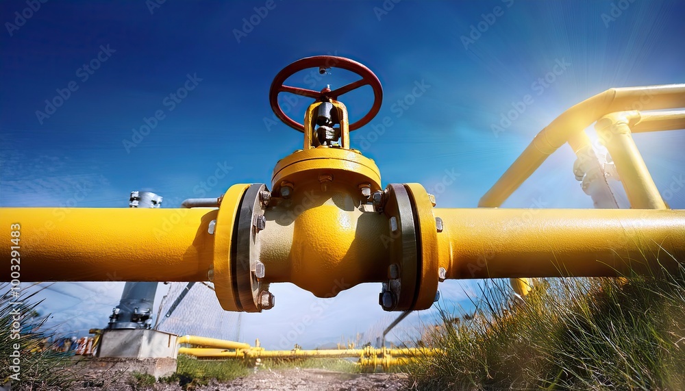 yellow gas pipe with valve and burning gas burner, double exposure of natural gas use yellow gas pipe with valve and burning gas burner, double exposure of natural gas use