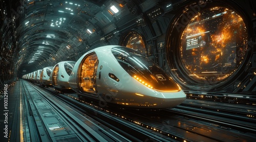 Fototapeta Naklejka Na Ścianę i Meble -  Futuristic high-speed rail cars glide through a tunnel towards an advanced space station with stunning digital displays