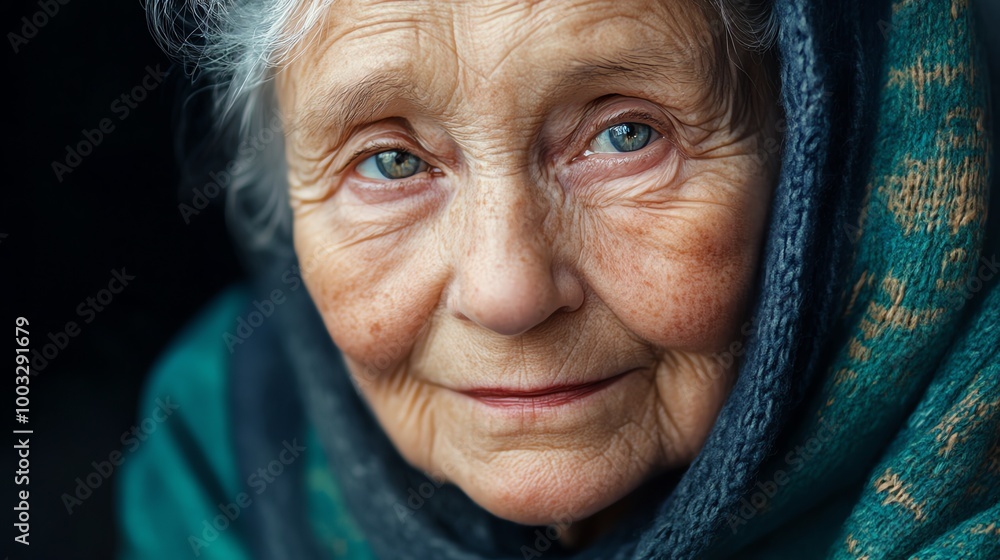 A close-up portrait of an elderly woman with gray hair and blue eyes. A close-up portrait of an elderly woman with gray hair and blue eyes.