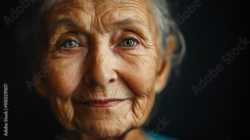 Closeup of a smiling senior woman with wrinkles and gray hair.