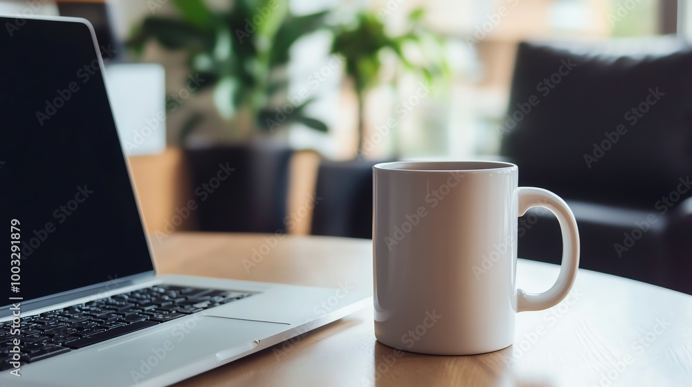 A close up of a white coffee mug next to a laptop on a table. A close up of a white coffee mug next to a laptop on a table.