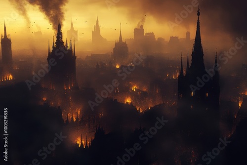 Infernal cityscape with towering, with copy space