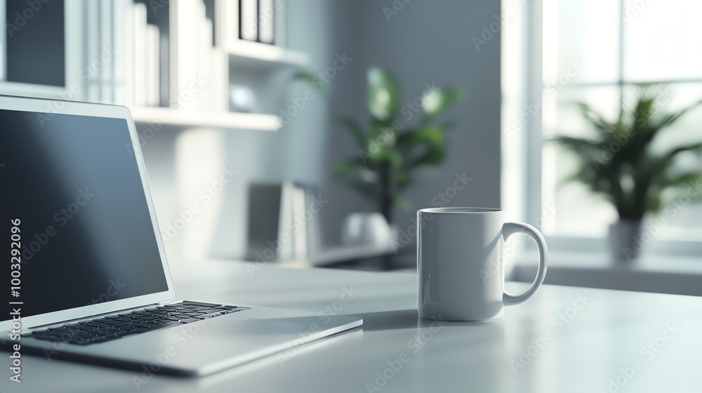custom made wallpaper toronto digitalA laptop computer and a coffee mug on a desk in a modern office.