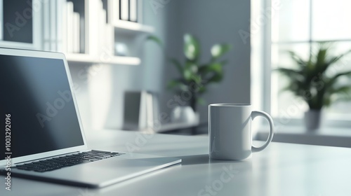 Wallpaper Mural A laptop computer and a coffee mug on a desk in a modern office. Torontodigital.ca
