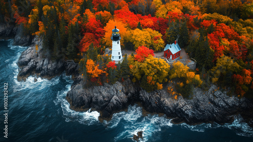 Lighthouse in Autumn Forest.  A lighthouse surrounded by a vibrant autumn forest along a rocky coastline.