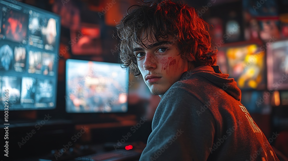 Fototapeta premium Young Gamer Concentrating on Computer Screen, Cyberpunk