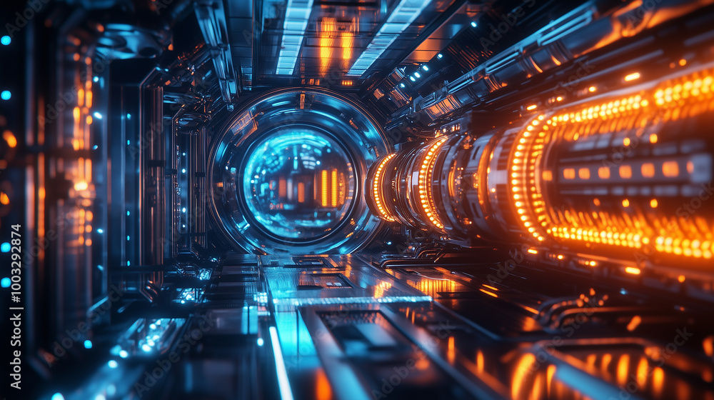Futuristic Tunnel with Blue and Orange Neon Lights. A high-tech, futuristic tunnel illuminated by contrasting blue and orange neon lights, creating a sci-fi inspired, cyberpunk aesthetic. Futuristic Tunnel with Blue and Orange Neon Lights. A high-tech, futuristic tunnel illuminated by contrasting blue and orange neon lights, creating a sci-fi inspired, cyberpunk aesthetic.