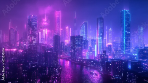 Wallpaper Mural Futuristic city skyline twilight neon lights creating sleek dynamic atmospheric contrast high-definition. AI generated Torontodigital.ca