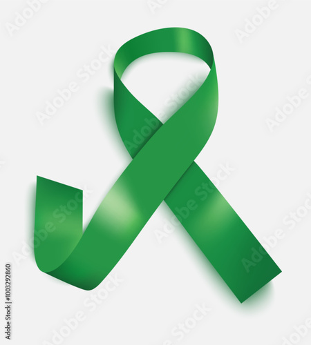Green scoliosis ribbon. 3d icon for awareness, cerebral and mental health. Cancer, palsy and celiac diseases. Symbol for charity on transplant of organ. Global day of donation. Vector.
