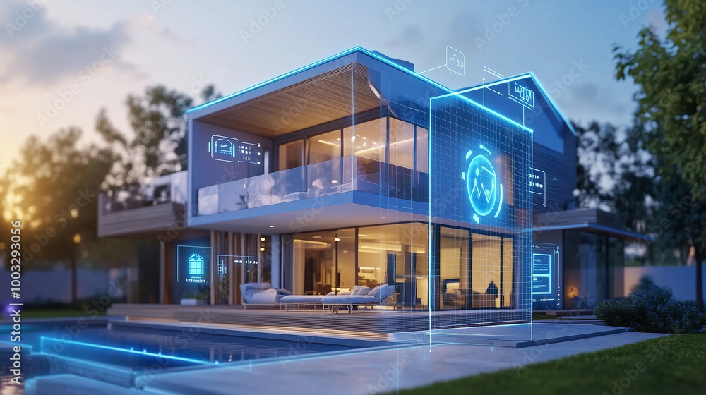 Modern Smart Home with Digital Interface Display. A futuristic smart home is illuminated at dusk, with a holographic interface overlay displaying various smart features, highlighting the integration Modern Smart Home with Digital Interface Display. A futuristic smart home is illuminated at dusk, with a holographic interface overlay displaying various smart features, highlighting the integration
