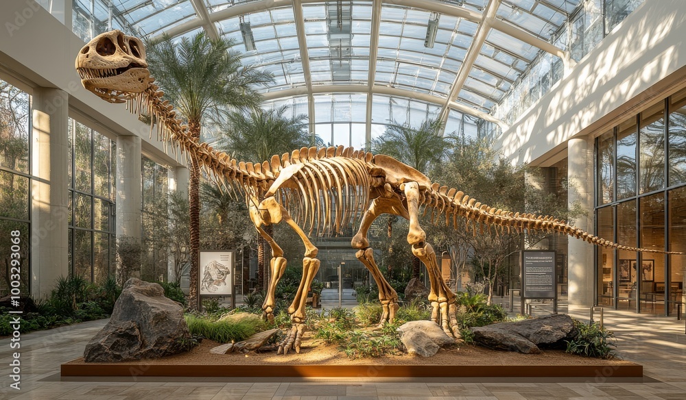 Obraz premium Large dinosaur skeleton on display in a modern museum lobby surrounded by lush vegetation and informative signs