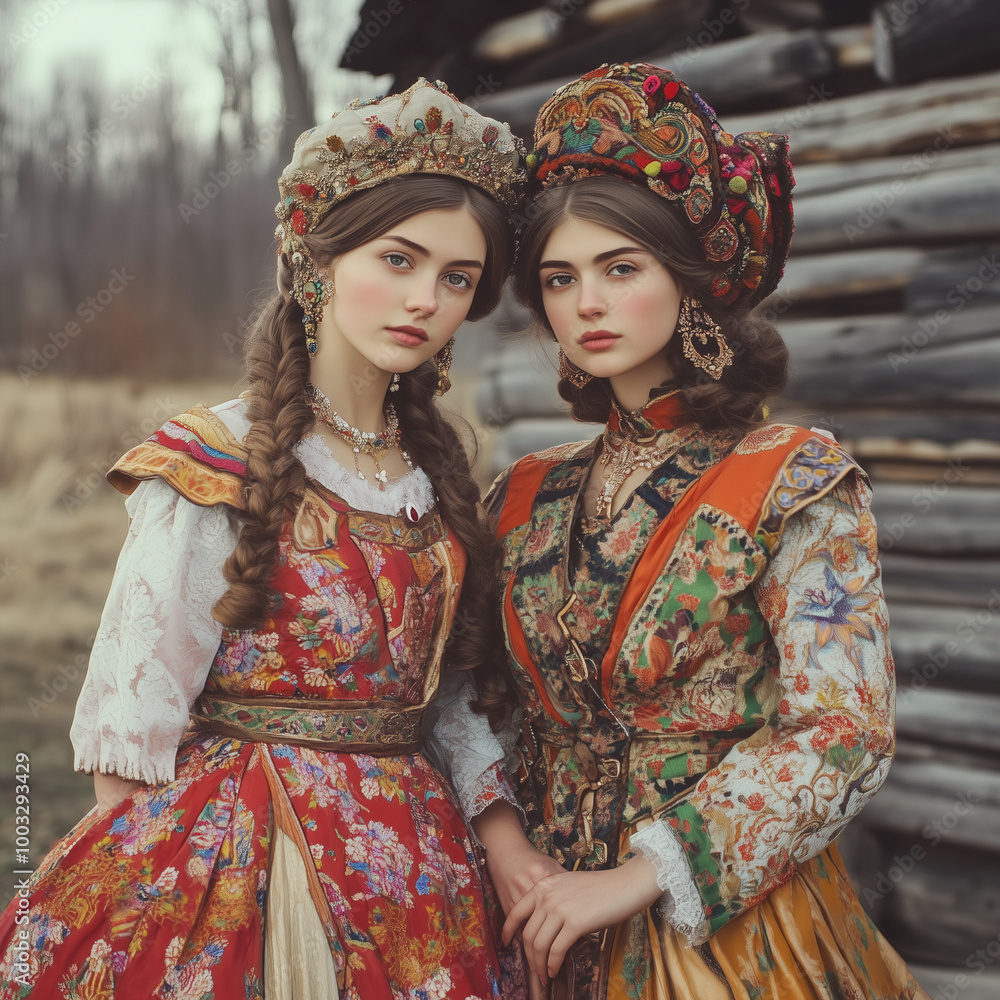 Women in Traditional Eastern European Folk Costumes. Two women dressed in ornate, colorful traditional Eastern European folk costumes, standing side by side in a rural setting, showcasing intricate em Women in Traditional Eastern European Folk Costumes. Two women dressed in ornate, colorful traditional Eastern European folk costumes, standing side by side in a rural setting, showcasing intricate em