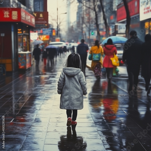 Girl Walking in Busy City Street on Rainy Day. A child walks alone on a wet city street, surrounded by crowds on a rainy day, reflecting an urban and moody atmosphere.