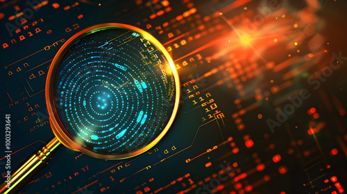 A magnifying glass over a digital landscape symbolizing exploration and analysis of data