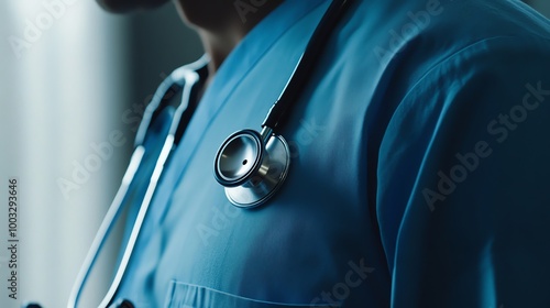 A doctor's stethoscope is draped over a blue medical scrub, close-up.