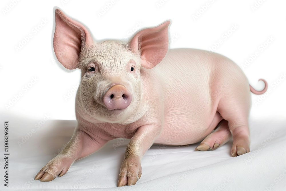 Cute baby pig on white background. Small, friendly, and hairy domesticated mammal. Baby piglet has pink snout and tail. Farm animal in rural countryside setting. Cute baby pig on white background. Small, friendly, and hairy domesticated mammal. Baby piglet has pink snout and tail. Farm animal in rural countryside setting.