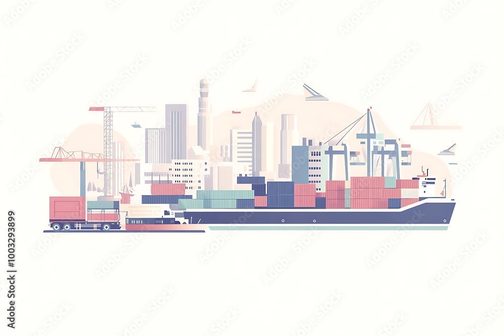 Cargo Ship at a Harbor with Container Cranes and City Skyline Illustration Cargo Ship at a Harbor with Container Cranes and City Skyline Illustration