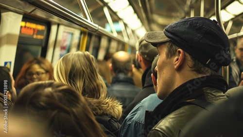 Man riding a crowded subway train, feeling uneasy among passengers, navigating urban public transportation during rush hour
