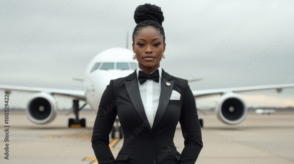 A poised woman in a tailored black suit stands confidently in front of a plane, exuding professionalism and strength against a muted sky backdrop. A poised woman in a tailored black suit stands confidently in front of a plane, exuding professionalism and strength against a muted sky backdrop.