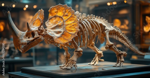 Cartoonish triceratops skeleton on display at a cultural heritage museum showcasing ancient animal fossils in an educational setting