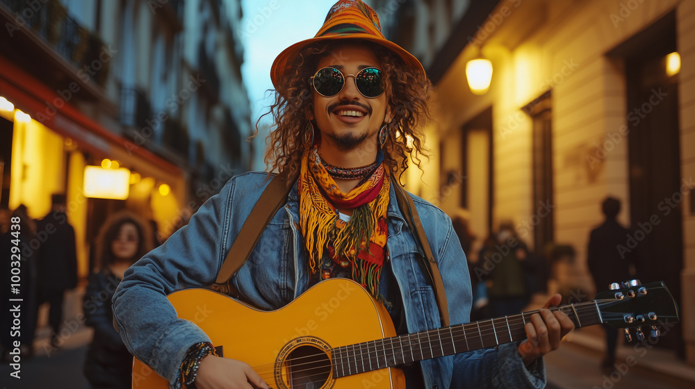 urban street musician brunette man hipster playing guitar on the street, wearing sunglasses and a hat