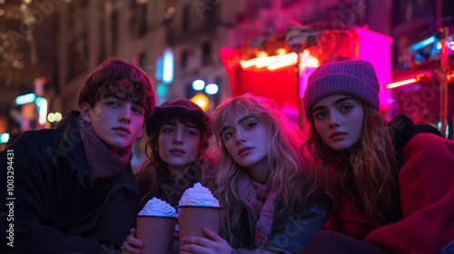 portrait group of millennial friends in an urban setting with neon city lights night