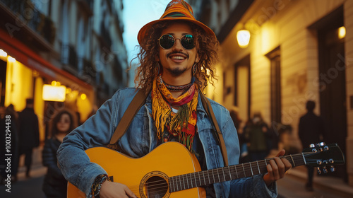Obraz na płótnie urban street musician brunette man hipster playing guitar on the street, wearing sunglasses and a hat w salonie