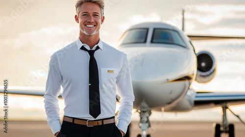 Smiling pilot stands confidently in front of a private jet, wearing formal attire, reflecting excitement and readiness to travel.