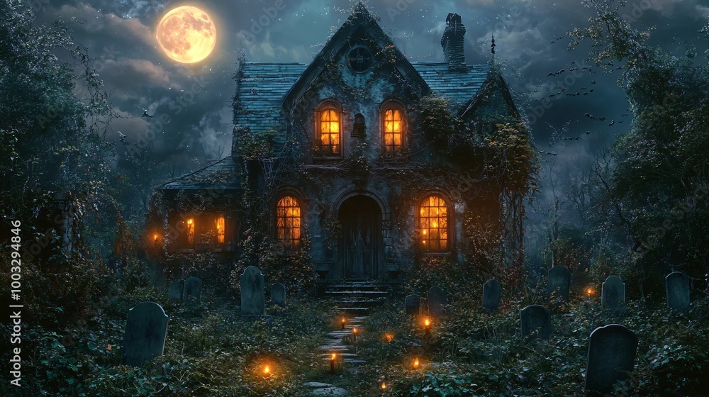 Halloween haunted house with spooky graveyard Halloween haunted house with spooky graveyard