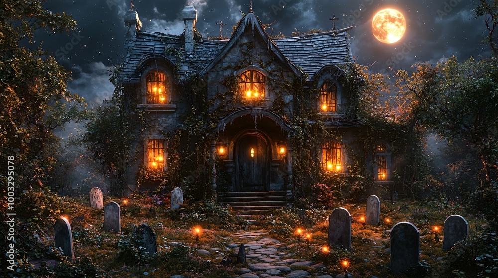 Fototapeta premium Halloween haunted house with spooky graveyard