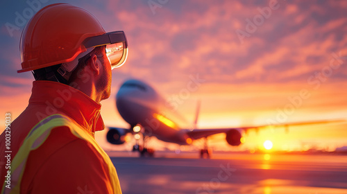 A diligent airport staff member in reflective gear observes a plane during sunset, combining the awe of aviation with vibrant twilight hues.