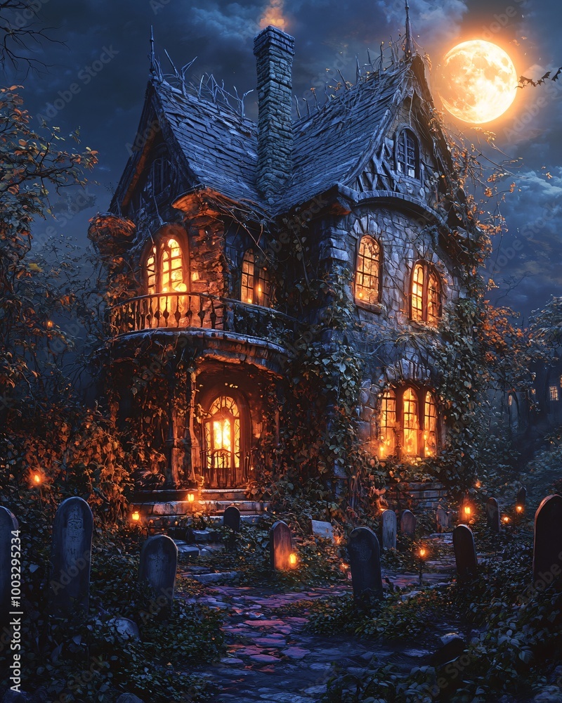 Illustration of Halloween haunted house with spooky graveyard. Illustration of Halloween haunted house with spooky graveyard.