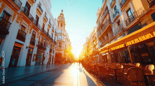 A bustling street bathed in the golden glow of sunset, with lively cafés and street life adding vibrancy to the architectural splendor of the cityscape.