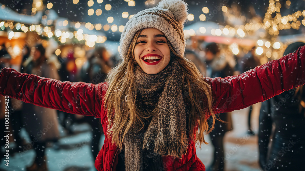 fun woman with her arms open at an outdoor winter party, highlighting warm lights and a positive attitude