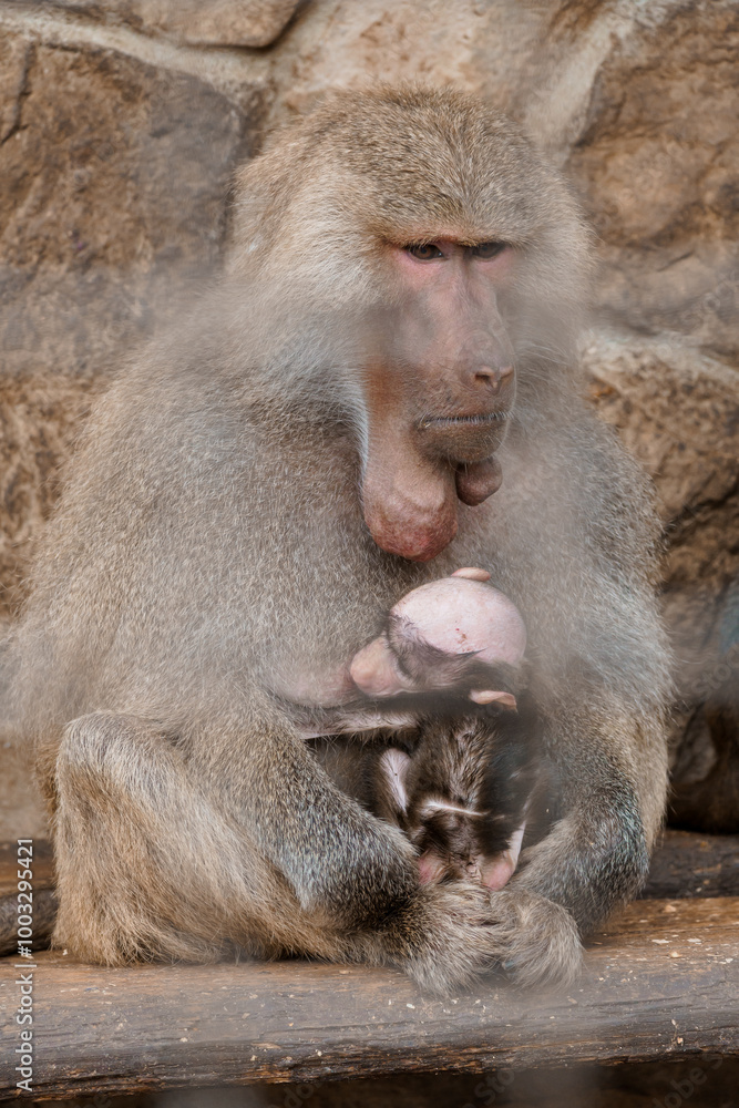 Majestic Baboon Mother's Bonding Moment with Her Adorable Infant Under Soft Focus Majestic Baboon Mother's Bonding Moment with Her Adorable Infant Under Soft Focus